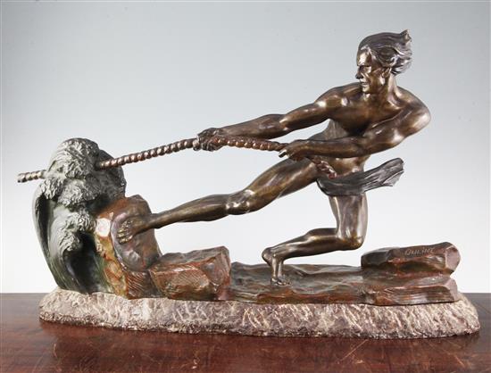Ouline. A bronze figure of a man pulling a rope, 28in.